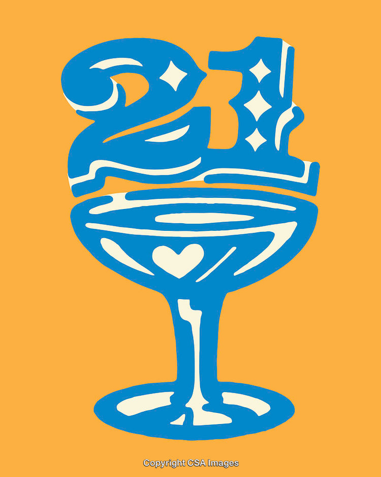 Blue 21st Birthday Art with Champagne Glass on Orange Background