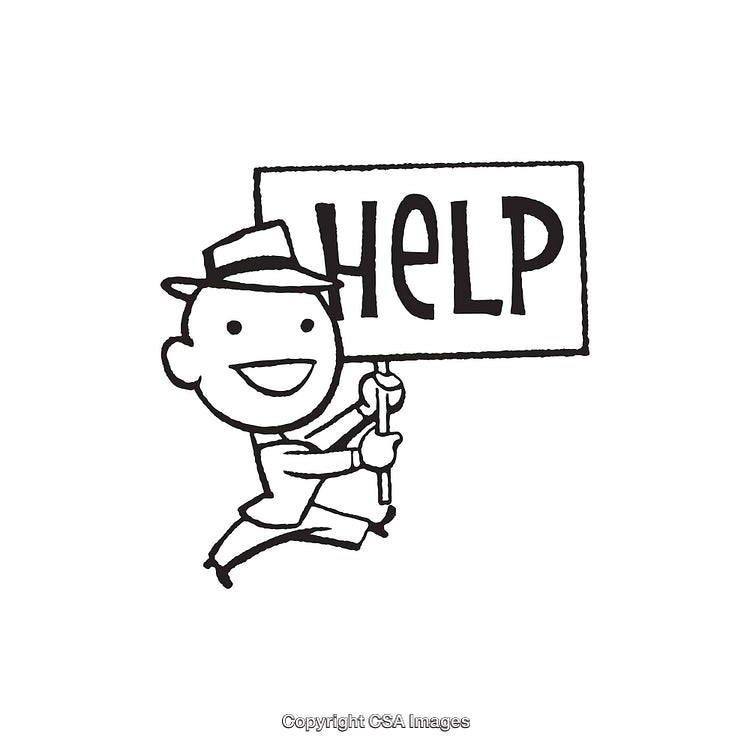 Line Art Illustration of Character Holding Sign with Help Text