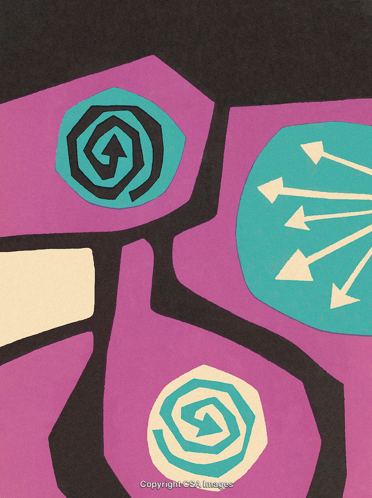 Abstract Geometric Artwork With Spirals and Arrows in Bold Colors