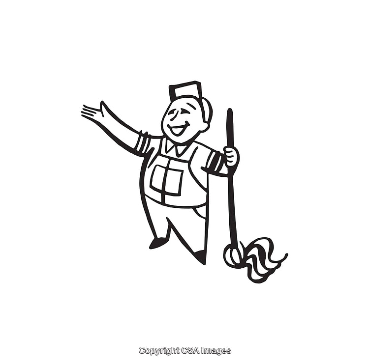 Cheerful Janitor Character Holding a Mop in Line Art Illustration