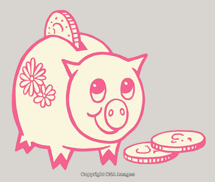 Pink Piggy Bank Illustration with Coins and Floral Decoration