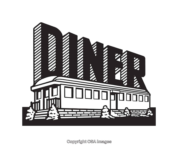 Retro Diner Illustration in Bold Black and White Line Art Style