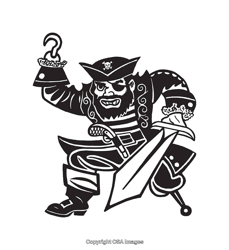 Black and White Pirate Illustration with Hook and Sword in Action Pose