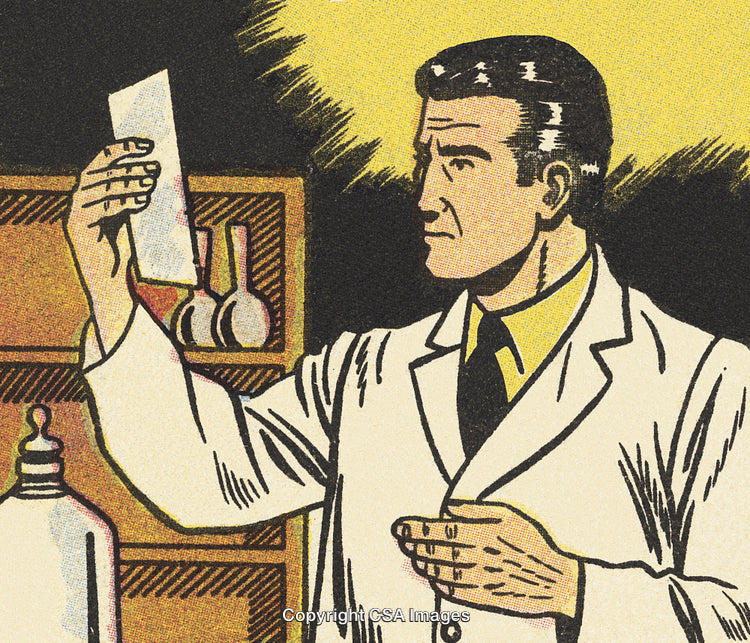 Scientist Examines Document in Retro Laboratory Setting with Art Deco Style