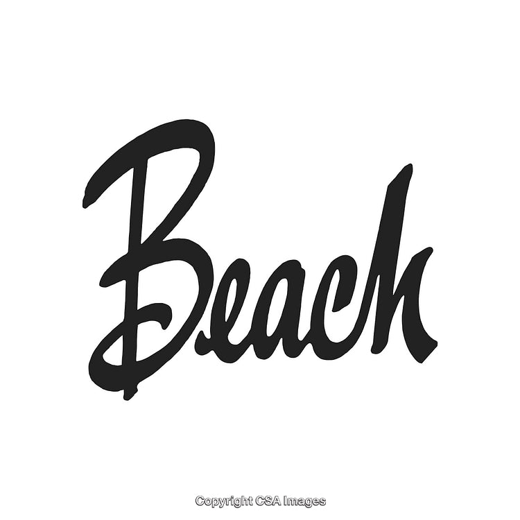 Elegant Handwritten Beach Text Design in Black on White Background