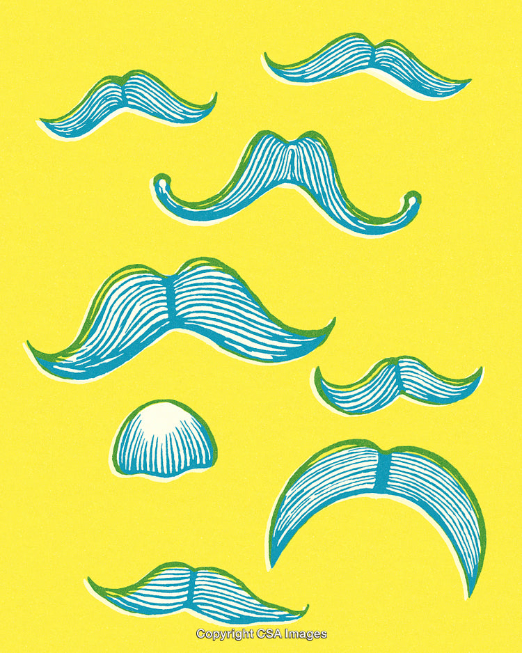 Colorful Illustrated Mustache Designs on Bright Yellow Background
