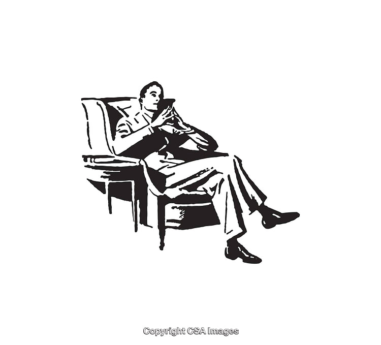 Black and White Line Illustration of a Man Relaxing in an Armchair