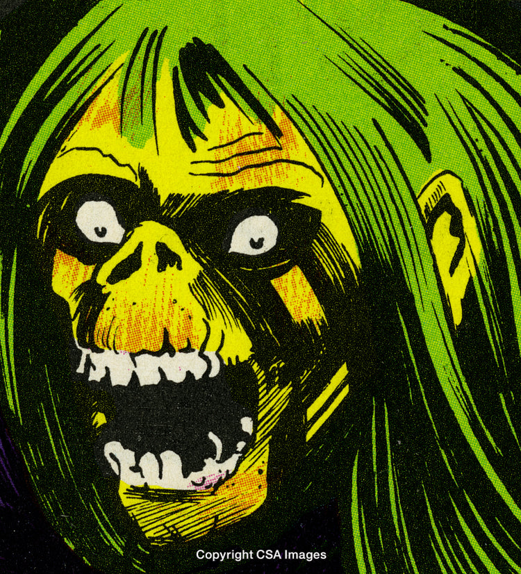 Vibrant Comic Illustration of a Creepy Skull-Like Character with Green Hair