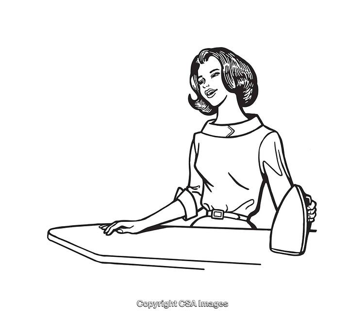 Vintage Line Art of Woman Ironing with a Smile on Her Face