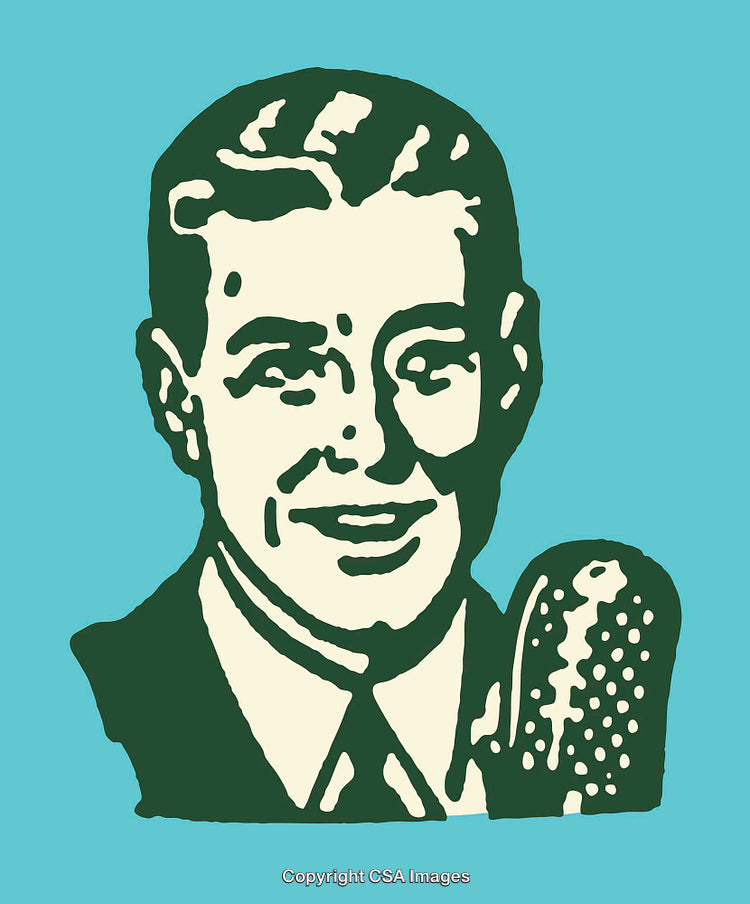 Vintage Illustration of a Smiling Man with a Retro Microphone Design