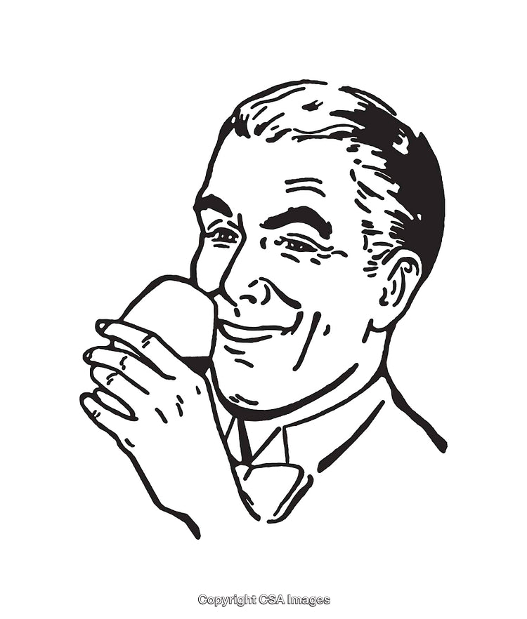 Retro Style Line Art of a Smiling Man Holding a Mug