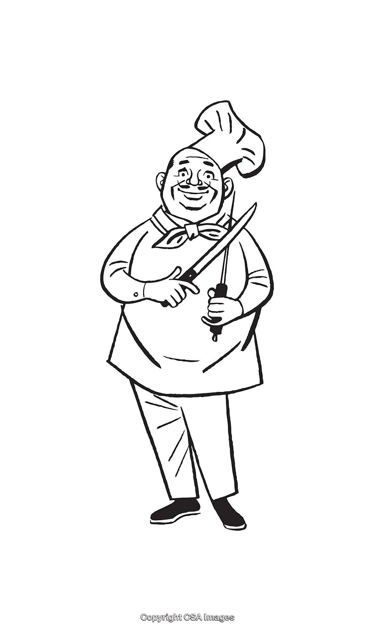 Black and White Line Art of a Chef with Knife Sharpening Tools