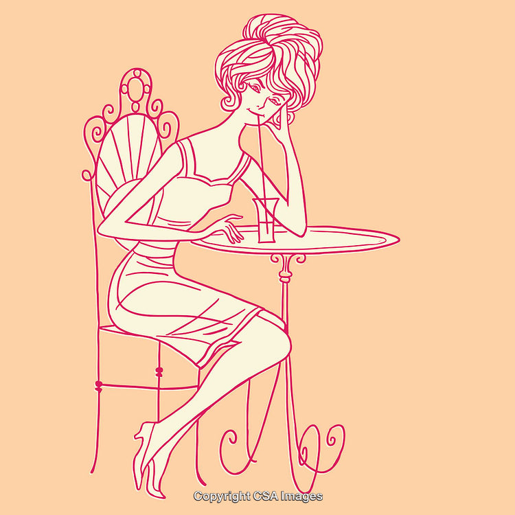 Elegant Lady Sitting at a Table in Line Art Illustration