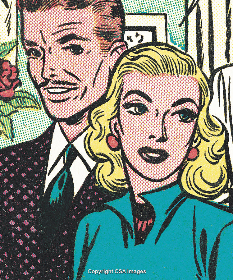 Smiling Retro Couple in a Vibrant Comic-Style Illustration Artwork