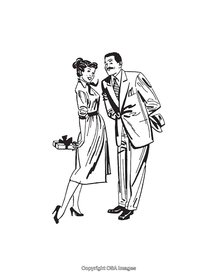 Black and White Retro Line Art of a Couple in Formal Attire