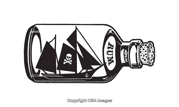 Black and White Pirate Ship Illustration in a Rum Bottle