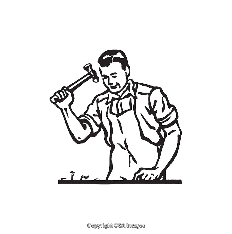 Vintage Black and White Line Art of Craftsman Using Hammer on Workbench