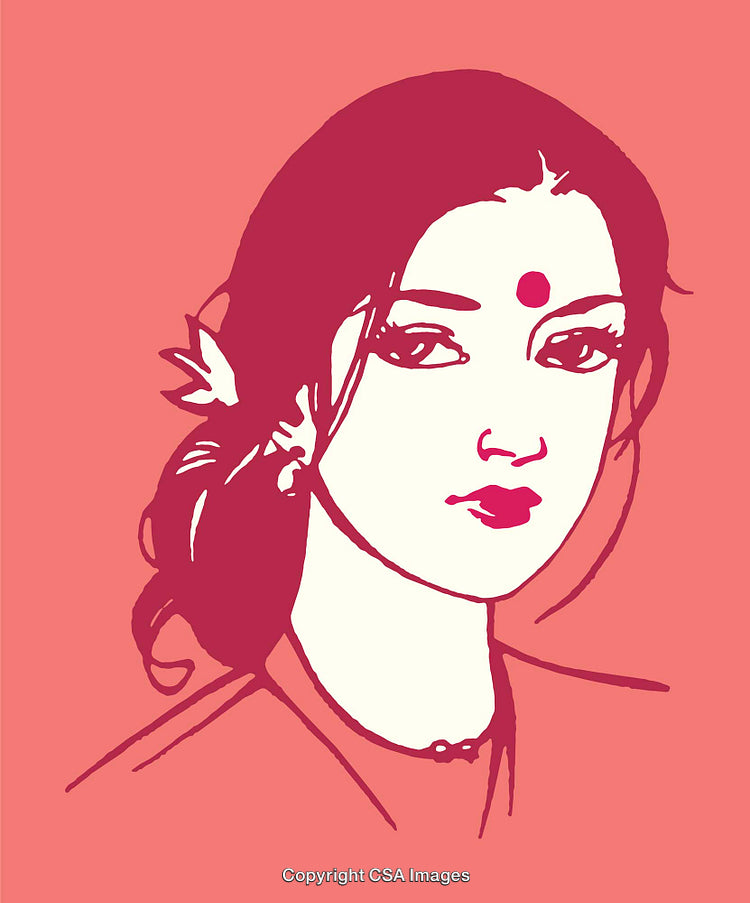 Elegant Vector Art of a Woman With Traditional Features on Salmon Background