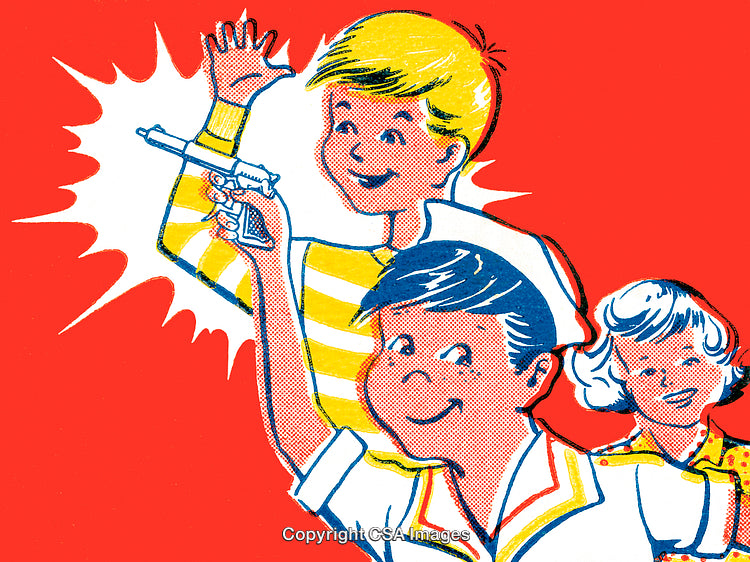 Playful Retro Style Illustration of Cheerful Children With a Toy