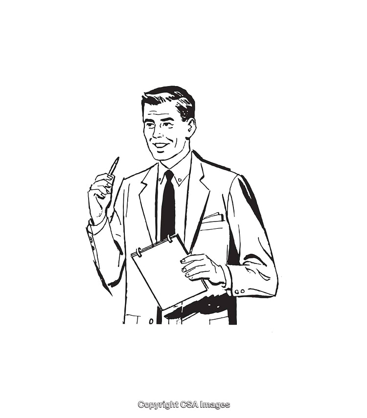 Black and White Illustration of a Man in Business Attire with Clipboard