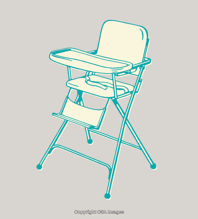 Color Line Art Illustration of a Foldable Baby High Chair on Grey Surface