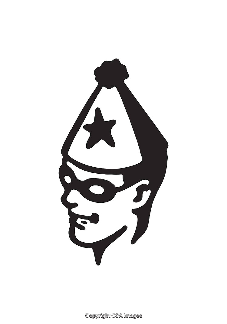 Black and White Line Art Illustration of a Masked Character with Party Hat