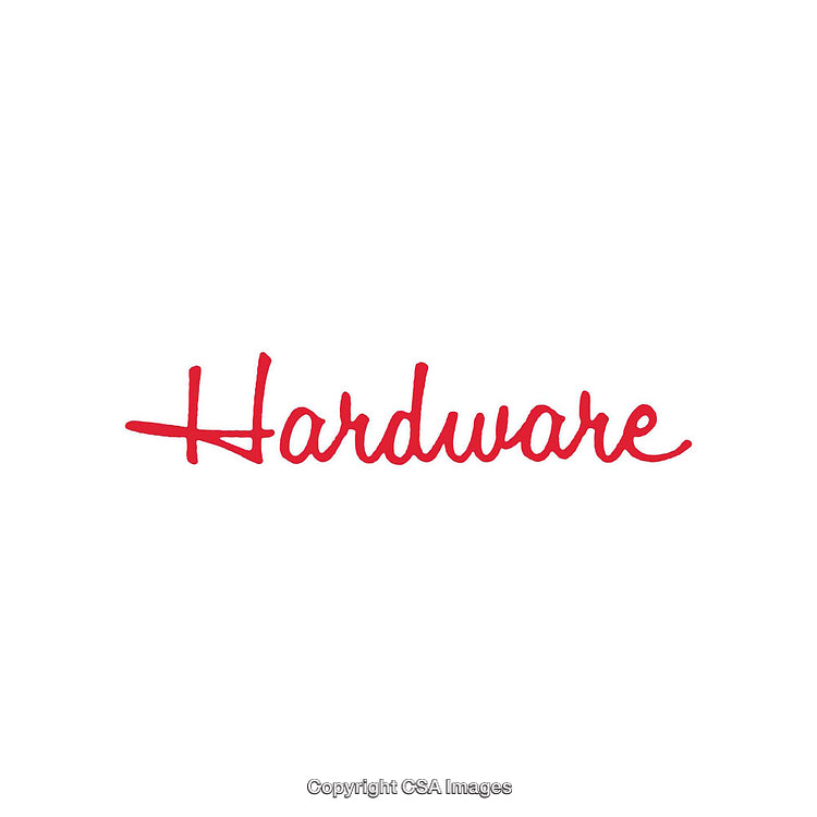 Red Script Text Writing the Word 'Hardware' on White Background
