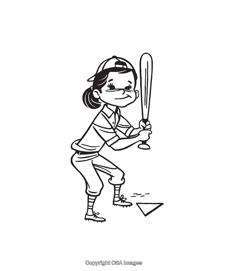 Black And White Line Art of a Girl Playing Baseball