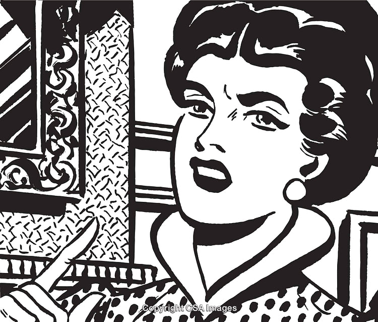 Black and White Cartoon Style Illustration of a Contemplative Woman