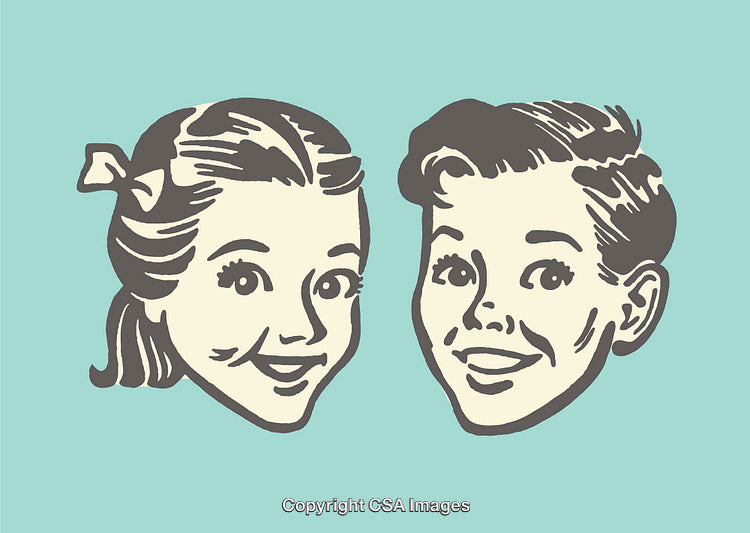 Vintage Styled Line Art of Smiling Boy and Girl Portraits
