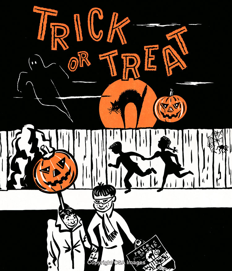 Vintage Halloween Illustration Featuring Trick or Treating Scene with Costumes and Decorations