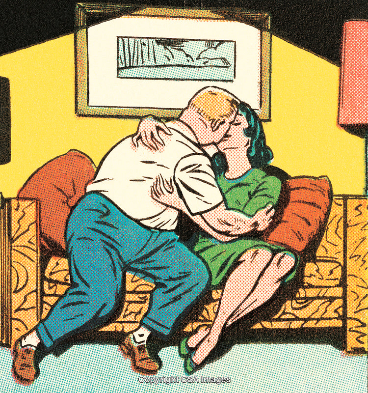 Retro Comic-Style Couple Sharing a Romantic Moment on a Vibrant Couch
