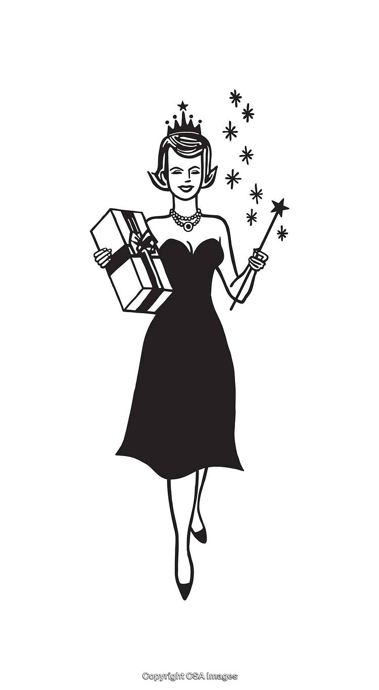 Vintage Black And White Illustration of a Woman Holding Gift and Wand
