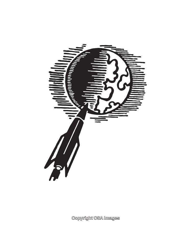 Retro Illustration of a Rocket Launch Near a Planet in Line Art