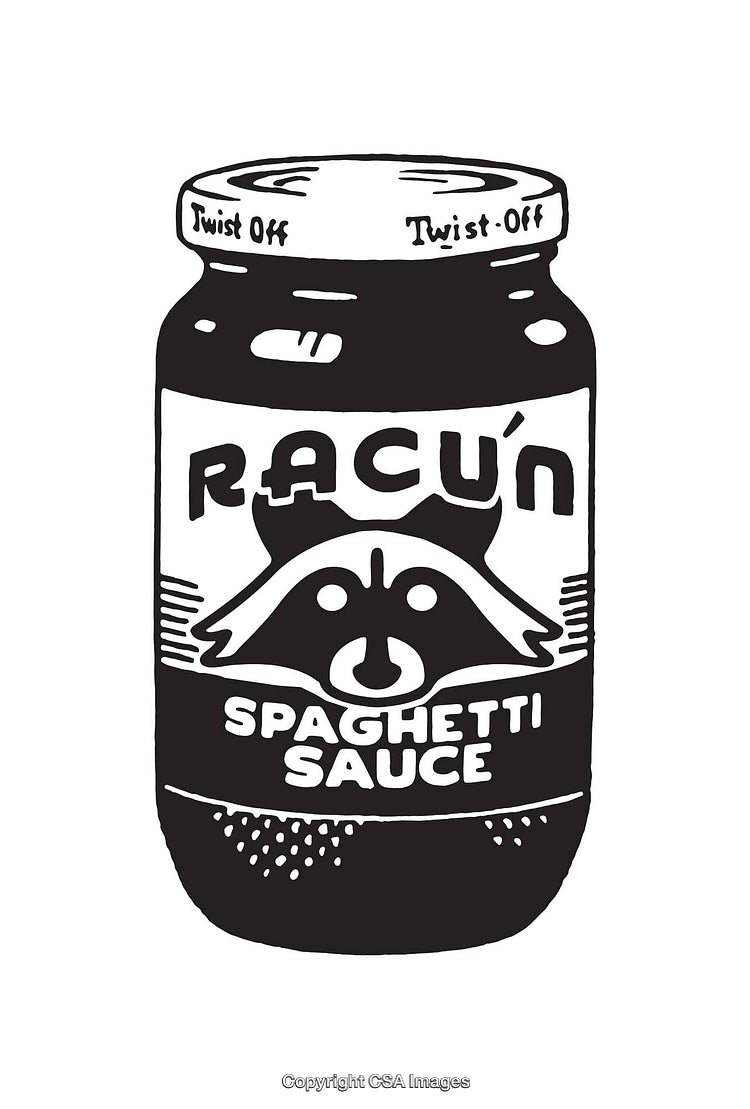 Black and White Illustration of a Jar with Raccoon Spaghetti Sauce Label
