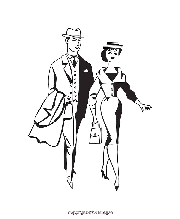 Elegant Vintage Couple Walking in Stylish Attire Black and White Illustration