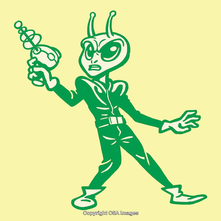 Retro Style Alien With Ray Gun in Green Line Art Illustration