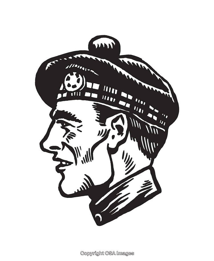 Vintage Line Art Portrait of a Bearded Highland Man in Traditional Hat