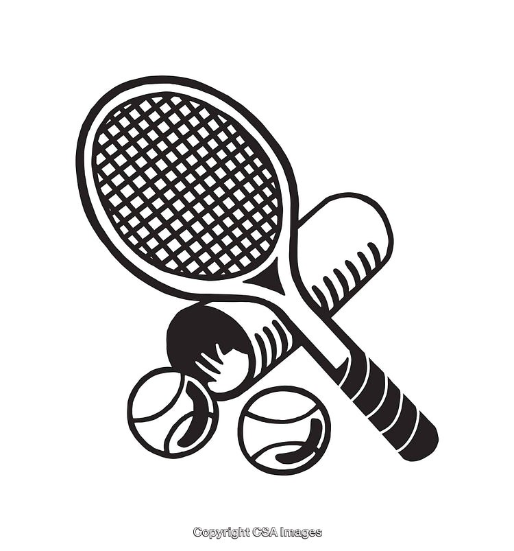 Black and White Line Art of Tennis Racket with Balls