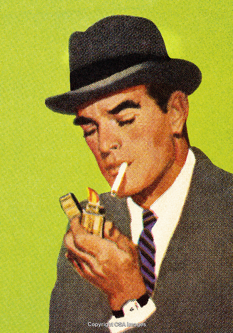 Stylized Pop Art Man Lighting Cigarette with Lighter in Retro Design