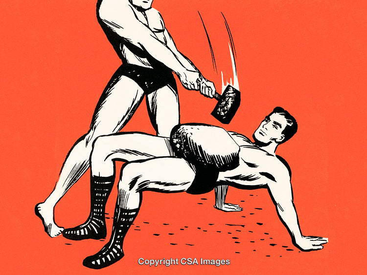 Retro Style Strength Test with Hammer and Fitness Enthusiasts