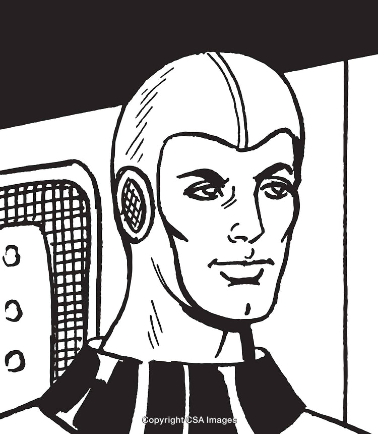Retro Styled Illustration of a Futuristic Astronaut in a Spacecraft Interior