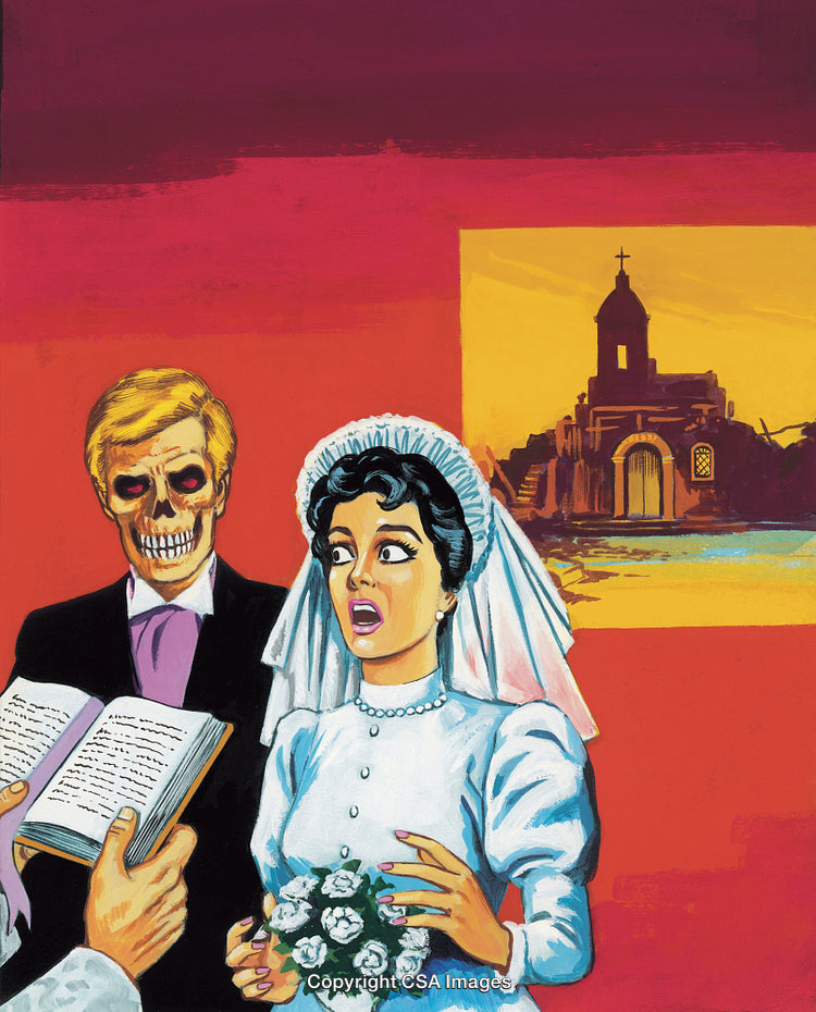 Surreal Wedding Scene Featuring Bride, Groom, and Mysterious Skeleton Theme