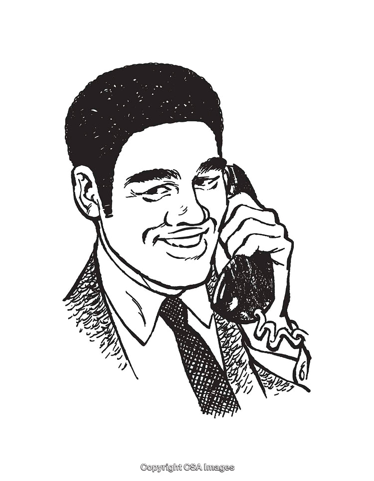 Black And White Line Art Illustration of a Man Using a Telephone