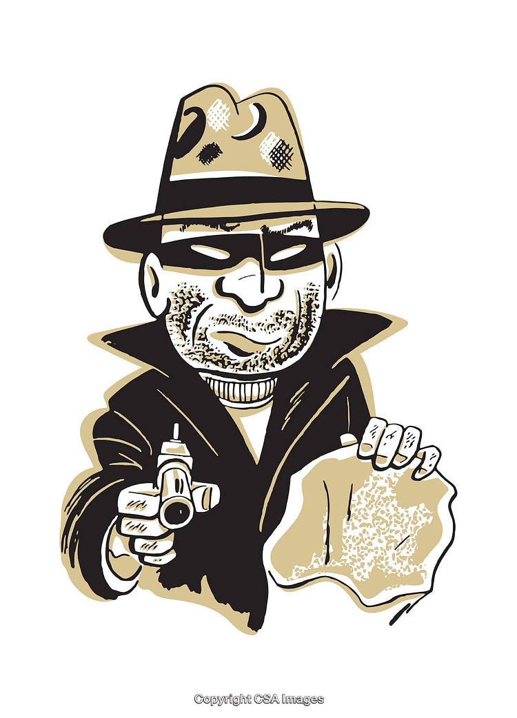 Illustrated Gangster Holding Object and Gun in Dramatic Pose