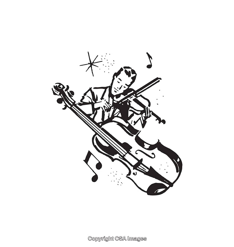 Vintage Black and White Drawing of Musician Playing String Instrument