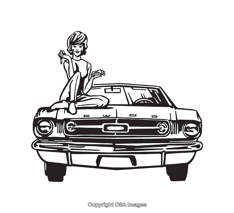 Black and White Illustration of Woman Sitting on a Classic Car Hood