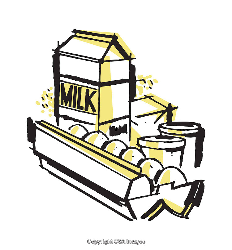 Illustrated Food Items Including Milk, Eggs, and Yogurt in Artistic Style