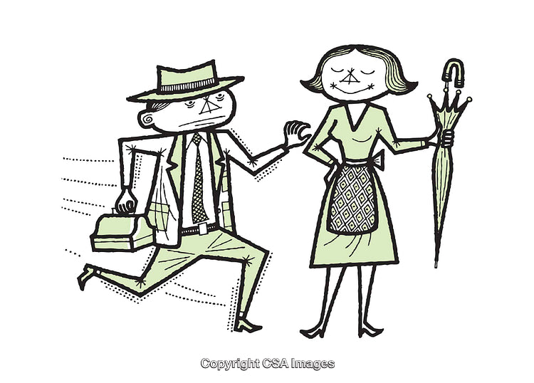 Retro Styled Illustration of a Businessman Greeting a Woman with an Umbrella