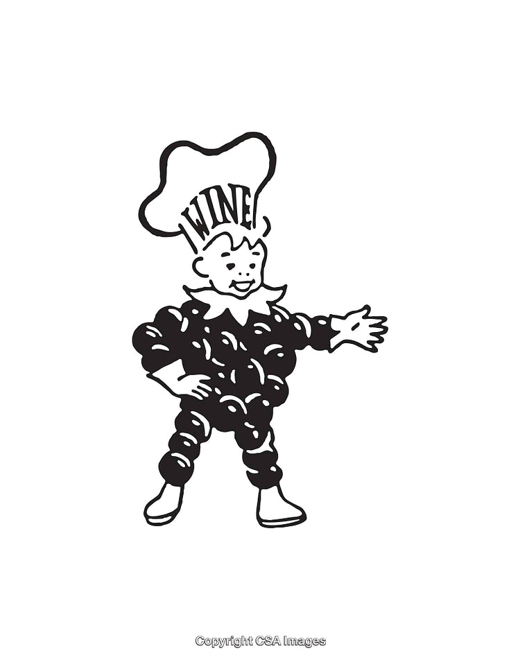 Black and White Illustration of Cheerful Grape-themed Character with Chef Hat